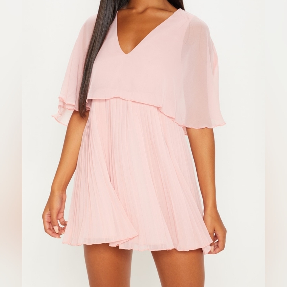 PrettyLittleThing Sheer Cape Pleated Skater Dress